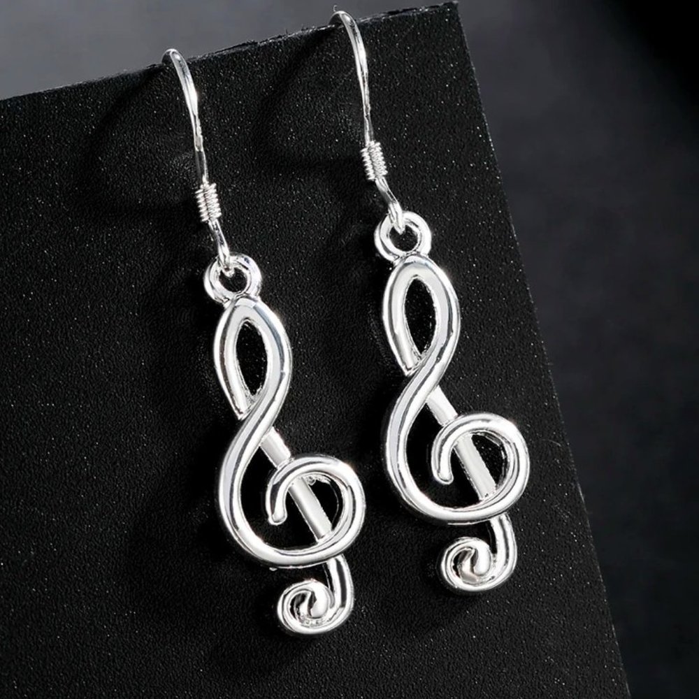 Cute Lil 1.5" Musical Note Drop Earrings Solid Sterling Silver " Hypoallergenic" - Picture 2 of 4
